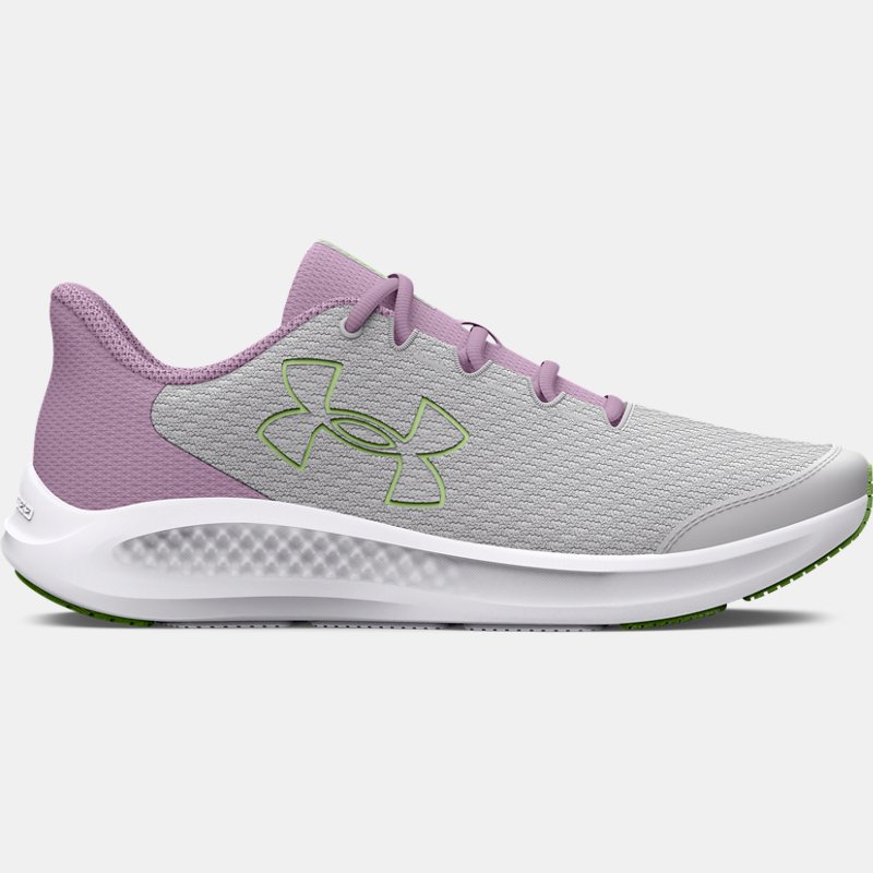 Girls' Grade School Under Armour Charged Pursuit 3 Big Logo Running Shoes Halo Gray / Fresh Orchid / Lumos Lime 35.5